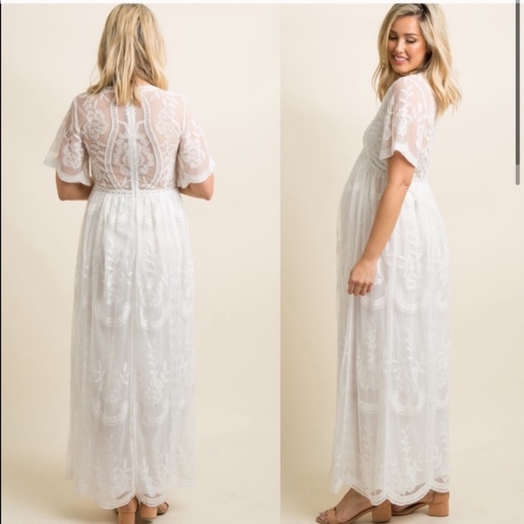 Pinkblush Maternity White Lace Overlay V Neck Maxi Dress - Picture 3 of 14